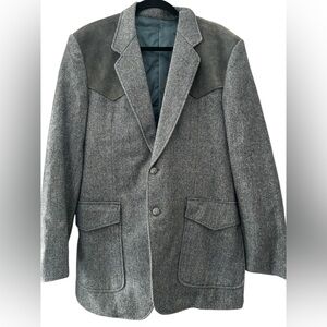 Vintage Western Style Blazer Mens 42 Gray Tweed and Suede